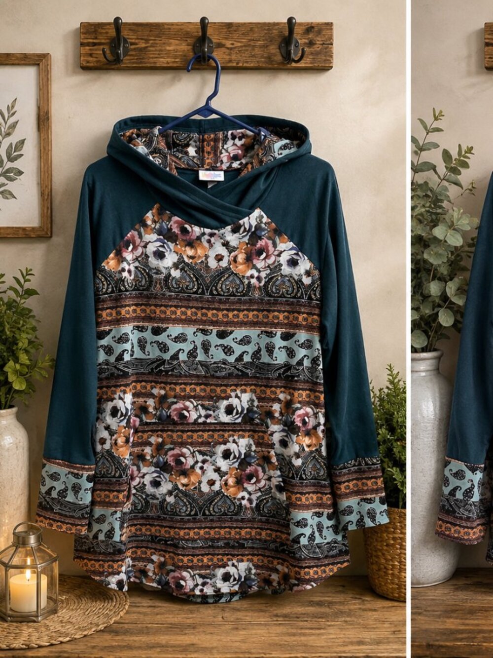 LuLaRoe Dark Green Boho Print Hooded Tunic Top